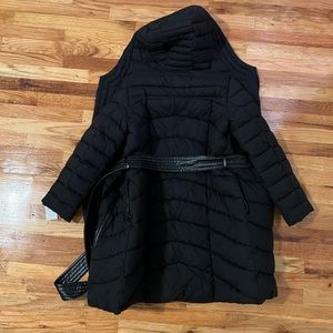 Black Puffer jacket with belt and hood.